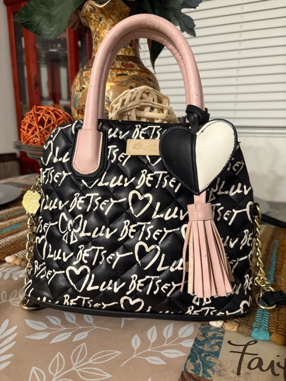 Betsey Johnson Black Quilted Satchel with Pink Handles and White Heart Accent